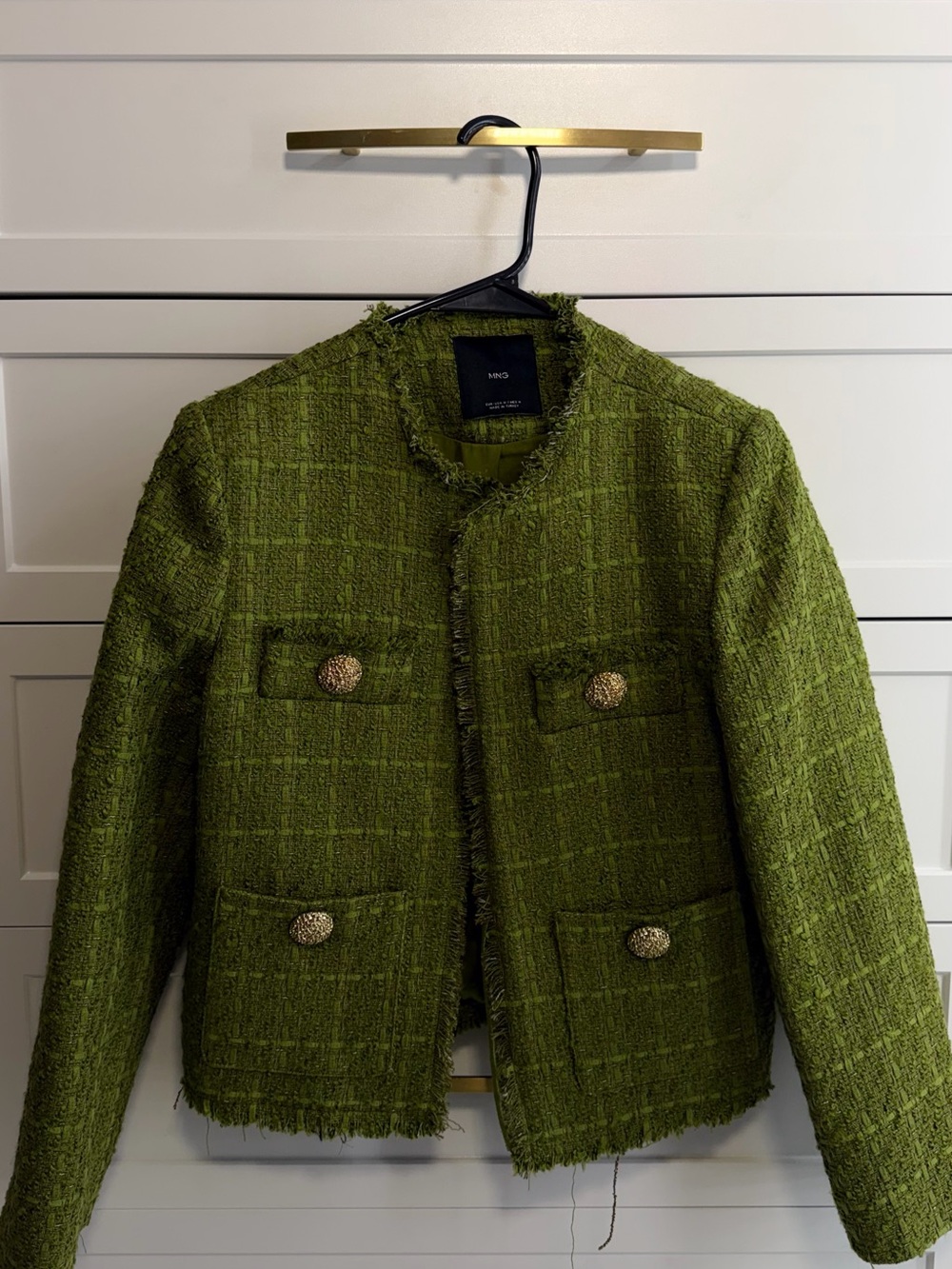 MANGO Olive Green Tweed Jacket Jewel Gold Buttons Size M